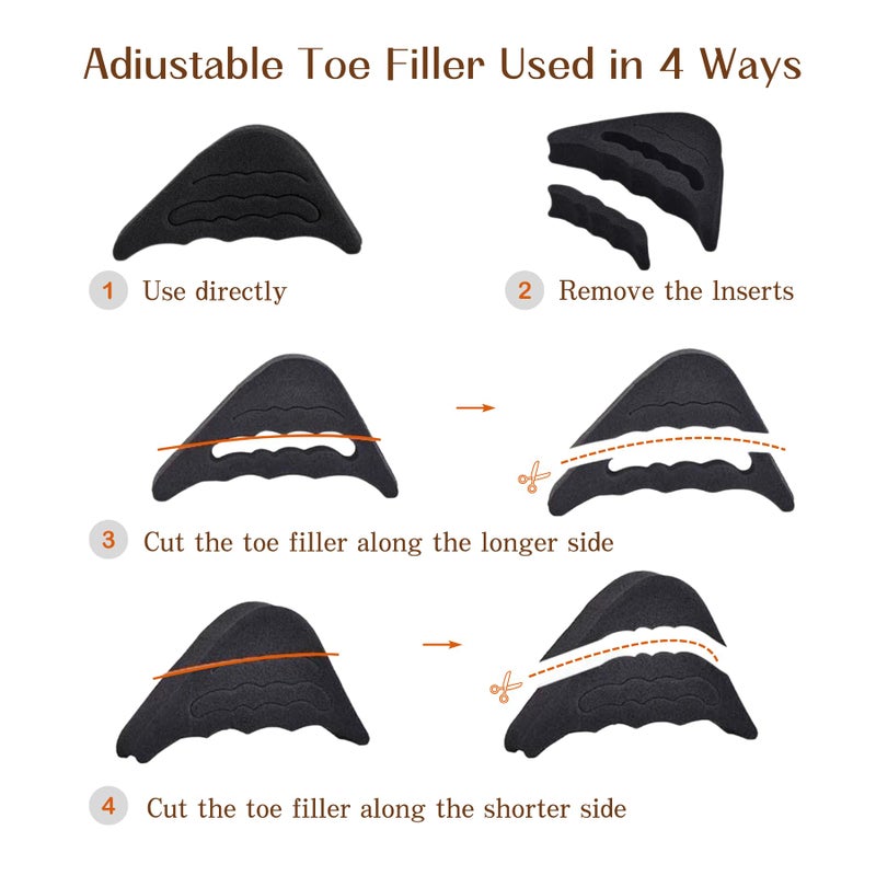 EACOZY Shoe Inserts, Foam Filler, 4 Pairs Adjustable Toe Inserts for Loose Shoes, Black and Beige - Image 4